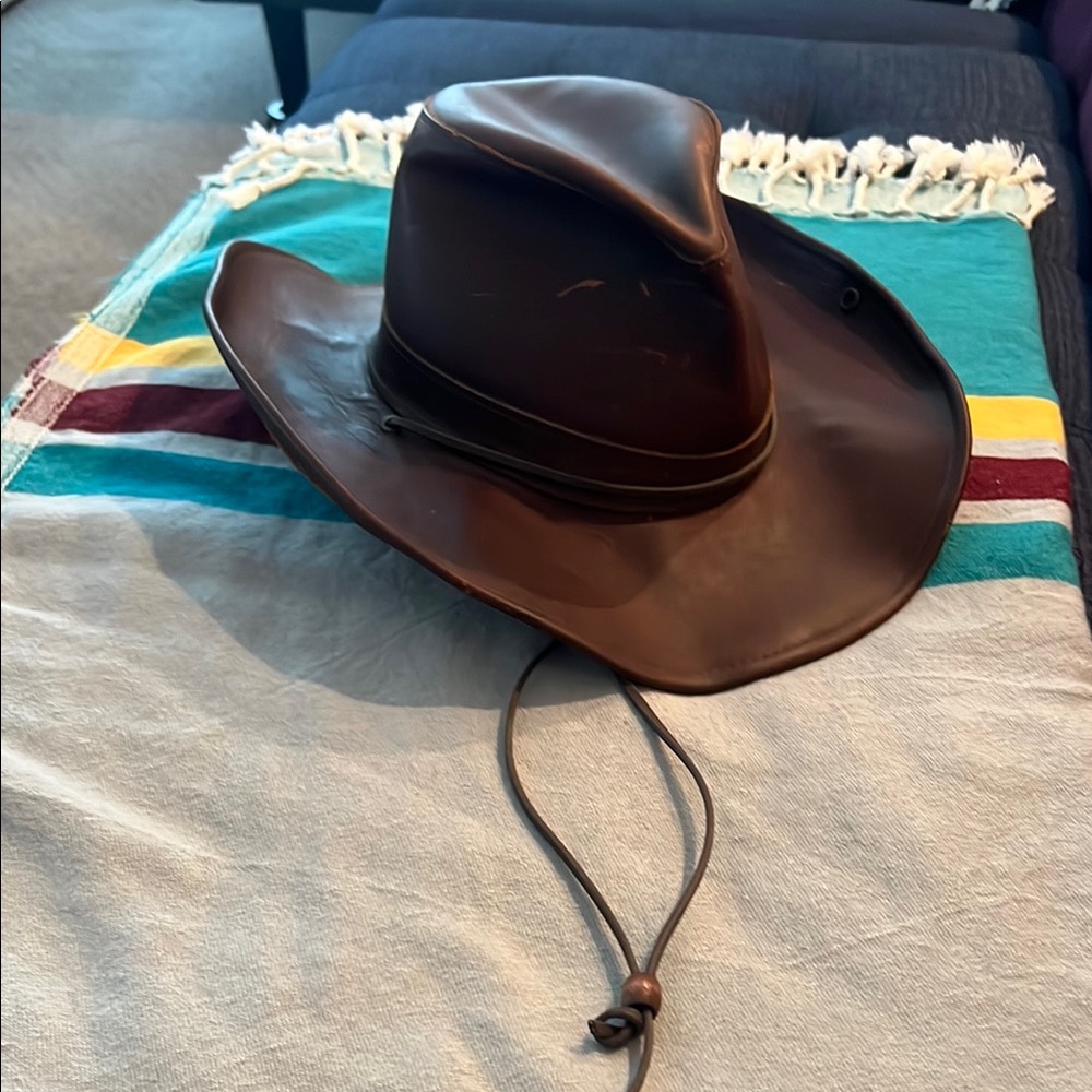 Classic Brown Leather Western Cowboy Hat with Chin Strap